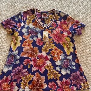 Johnny Was Pink and Purple Graphic Blouse Short Sleeve